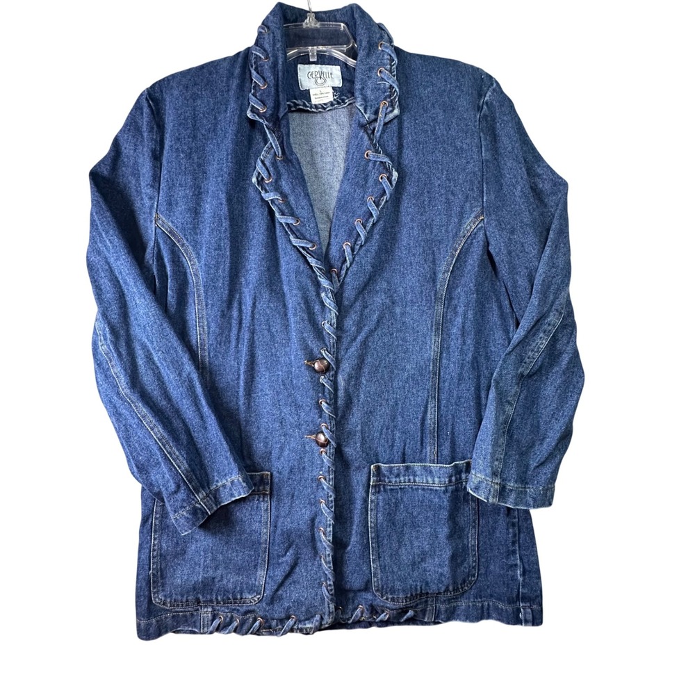 Cervelle Denim Jacket Lace Up Whipstitch Trim Western Boho Size L Blue Cotton
